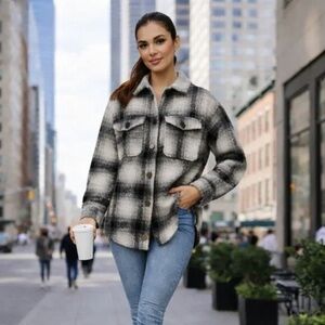 🩶💕 Bagatelle Button Down Plaid Sweater Jacket/Shacket Black White Cream S EUC